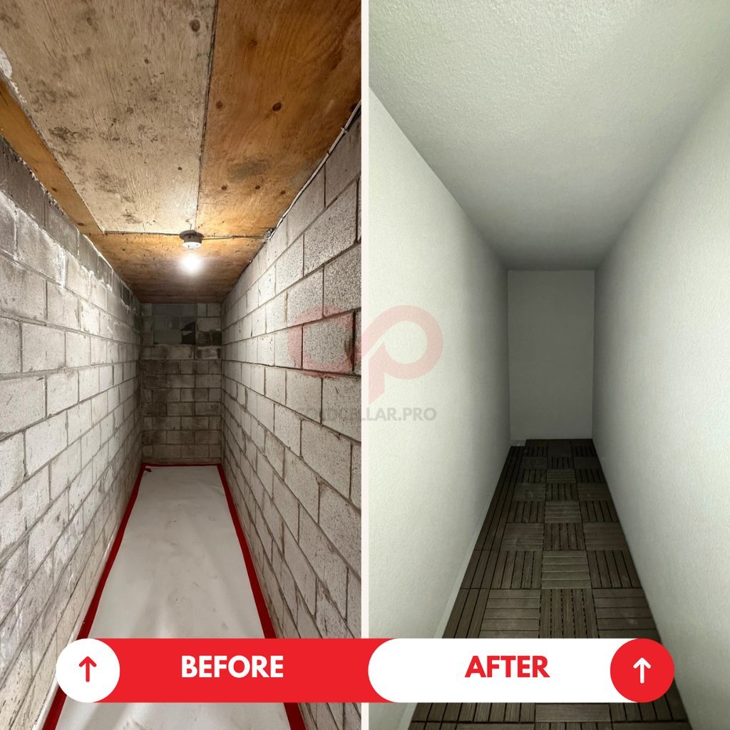 Cold cellar before and after restoration — dripping concrete ceiling transformed to a clean acrylic finish