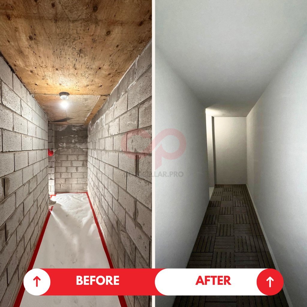 White mineral stains on cold cellar walls before, uniform clean finish after
