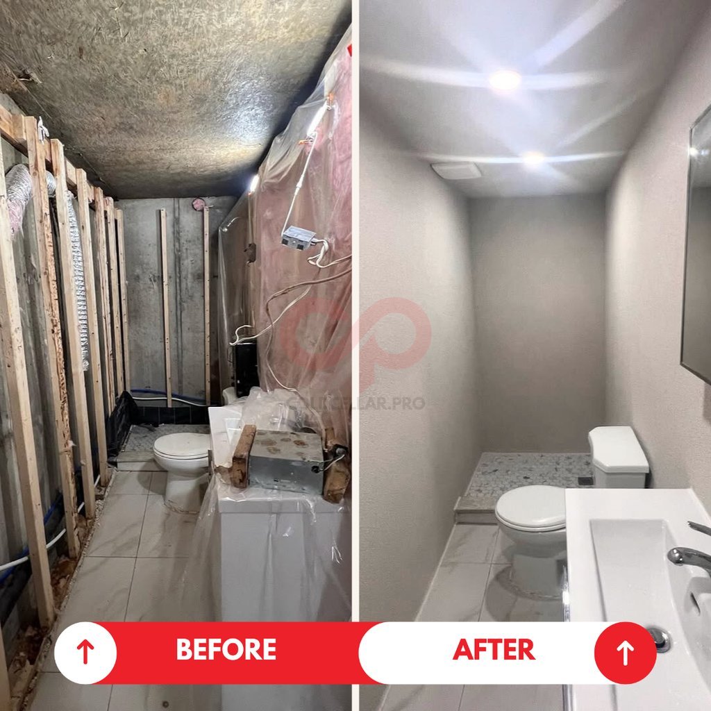 Cold cellar shelving area before and after moisture repair and refinishing
